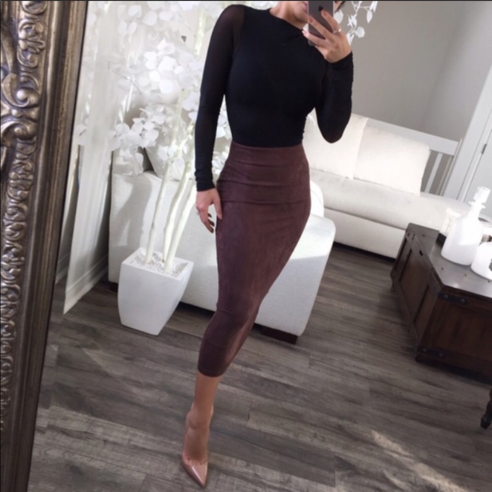 Brown Suede Midi Skirt